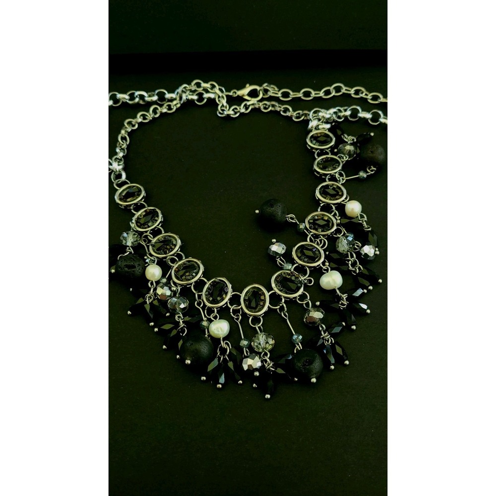 Black Lava Bead Crystal Faux Pearl Statement Necklace Silver Tone 19in